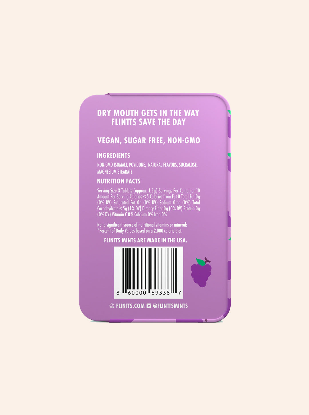 Mouthwatering mints in the flavor grape, with F Strength 125. Back panel showing nutrition facts and ingredients. Used for oral pleasure