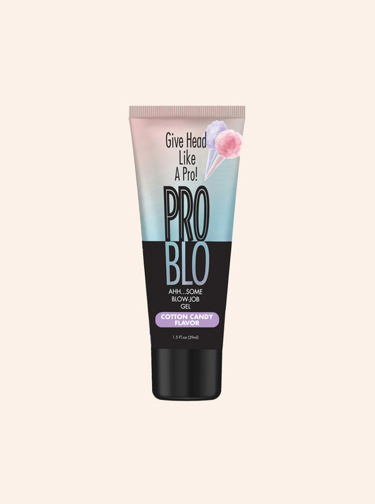 Pro Blo's oral pleasure gel in the flavor cotton candy, in a 1.5 fl oz tube