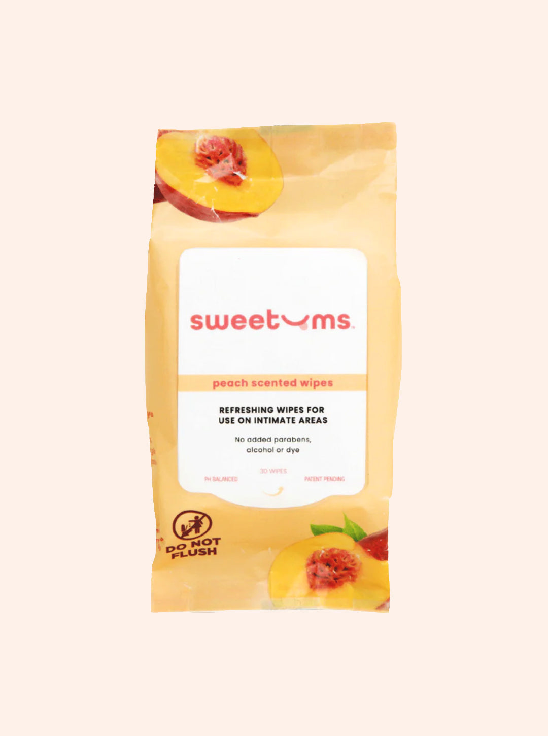 Refreshing peach scented wipes, for intimate areas, made by Sweetums